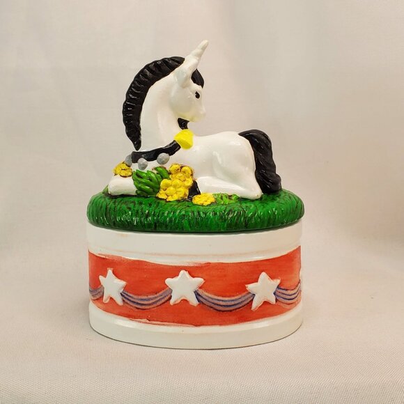 Vintage Y2K Hand painted Ceramic Unicorn Small Trinket Jewelry Box Holder - Picture 2 of 15